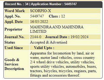 Mahindra Scorpio X Trademark Approved